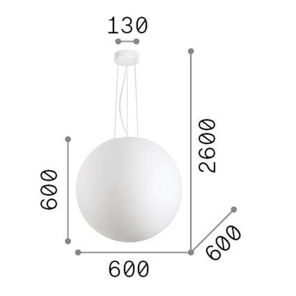 Schéma technique avec diamètre de fixation 130, hauteur totale 2600 et globe 600.