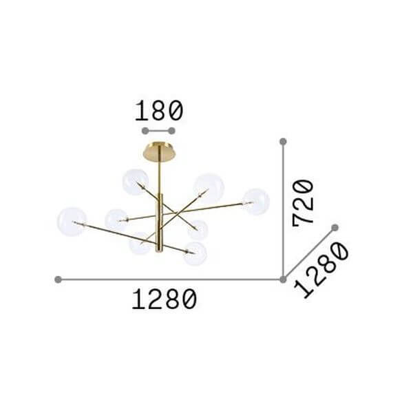 Schéma coté du luminaire : largeur 1280, hauteur 720 et rosace de 180