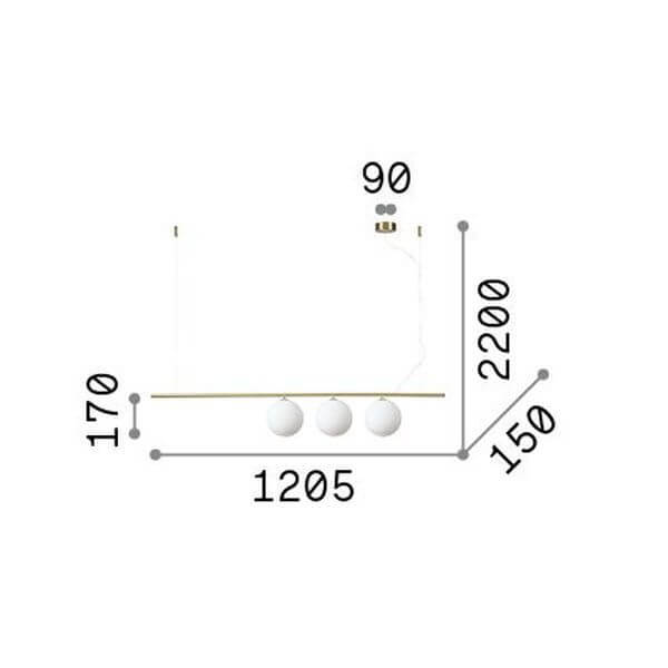 Schéma coté du luminaire : largeur 1205 mm, hauteur 2200 mm et profondeur 150 mm.