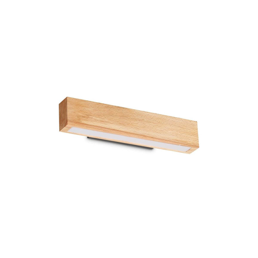 Applique murale rectangulaire en bois clair, vue de trois quarts sur fond blanc