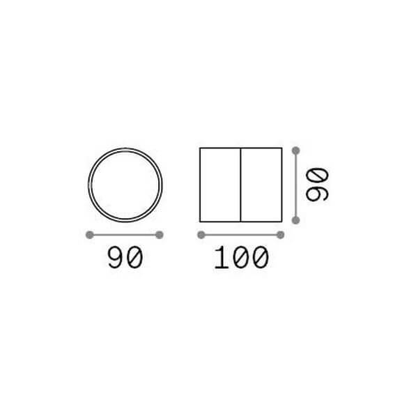 Schéma de dimensions avec diamètre 90 mm et profondeur 100 mm