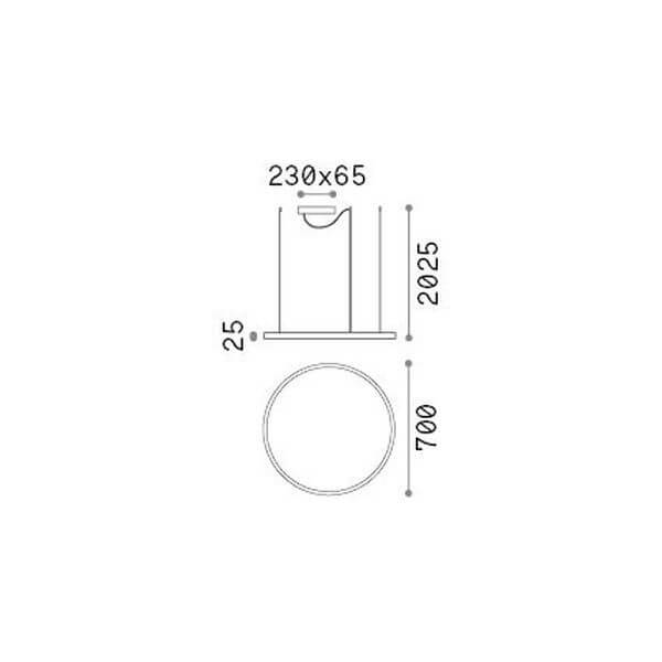 Schéma technique coté du luminaire, diamètre 700 mm et hauteur de suspension 2025 mm