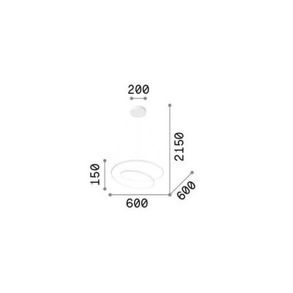 Schéma coté du luminaire indiquant diamètre 600 mm et hauteur totale 2150 mm