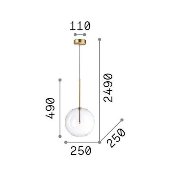 Schéma coté du luminaire : hauteur 490 mm, diamètre 250 mm, câble 2490 mm