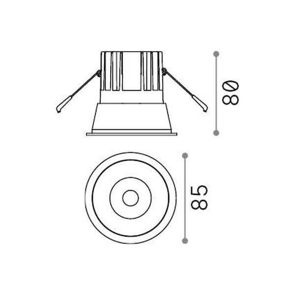 Schéma technique coté montrant la vue de profil et le diamètre de 85 mm