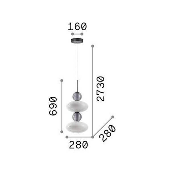 Schéma de dimensions du luminaire avec hauteur et diamètre indiqués en millimètres