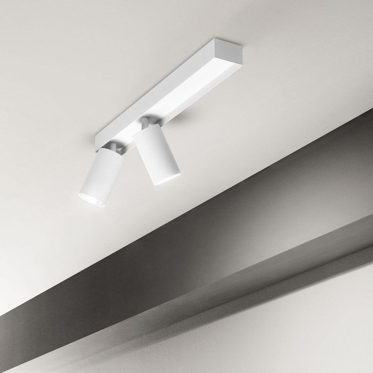 Mise en ambiance du plafonnier fixé au plafond avec deux spots orientables.