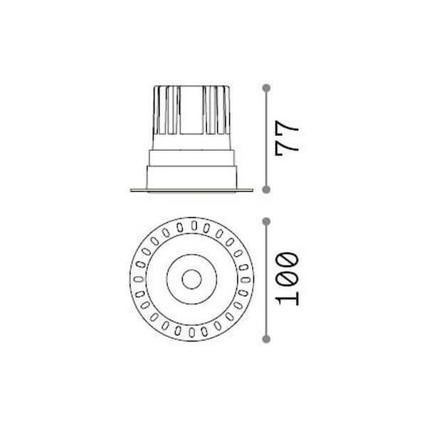 Schéma technique coté du spot rond : diamètre 100 mm et hauteur 77 mm