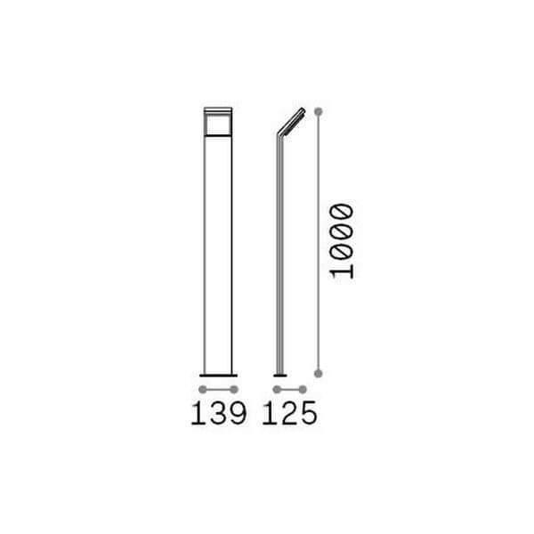 Schéma coté du lampadaire : hauteur 1000 mm, largeur 139 mm et profondeur 125 mm