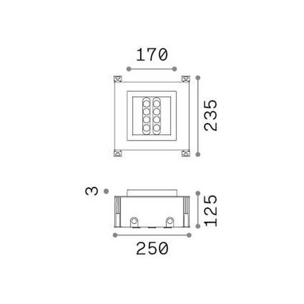 Schéma technique montrant les dimensions du luminaire en millimètres.