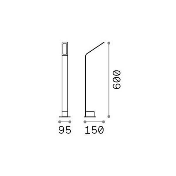 Schéma technique coté du lampadaire : hauteur 600 mm, largeur 95 et 150 mm.