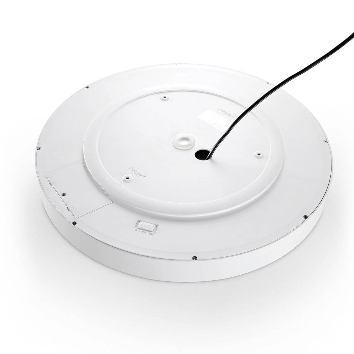 Vue arrière du luminaire, boîtier blanc, câble noir et trappe de réglage