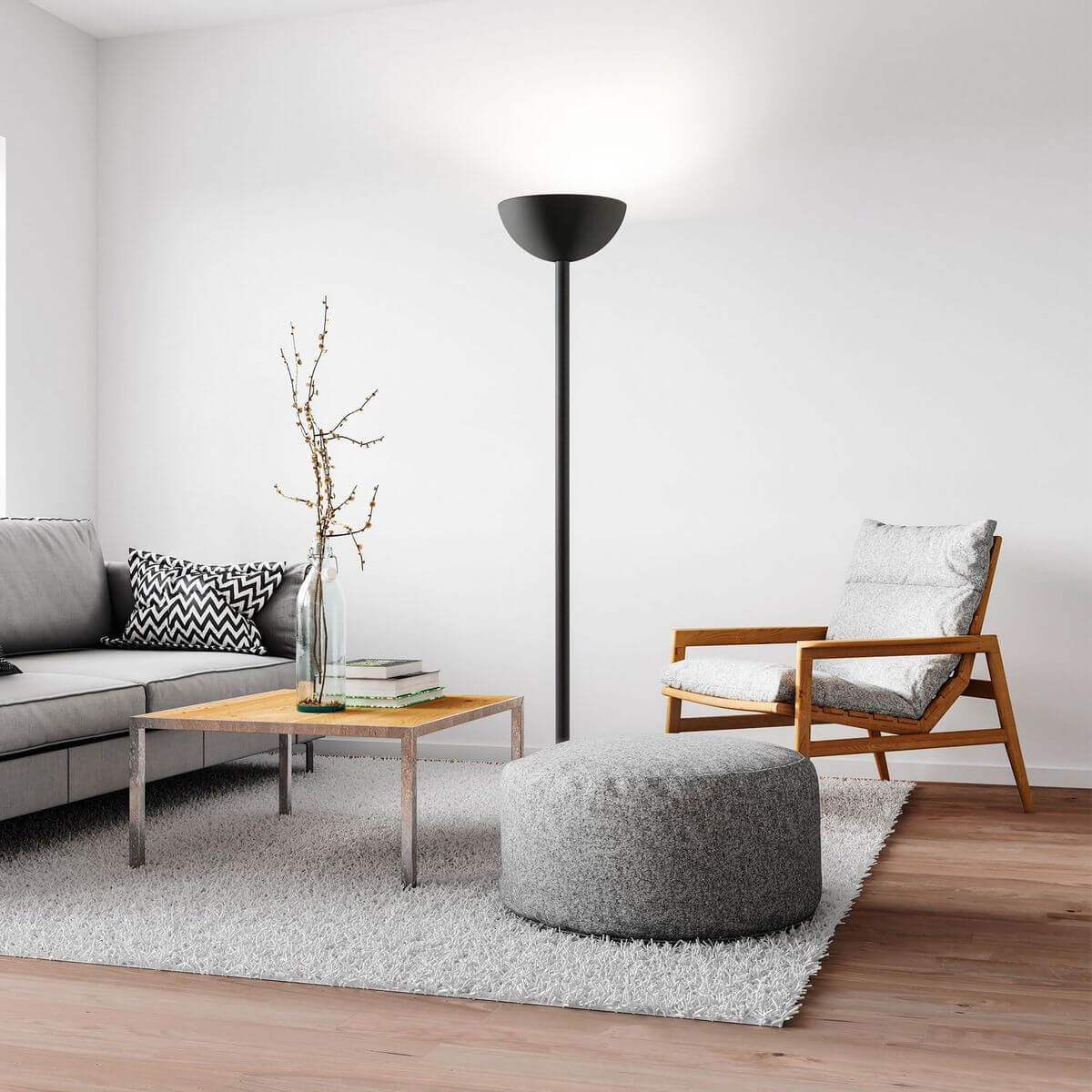 Mise en ambiance du lampadaire allumé dans un salon moderne avec canapé et fauteuil