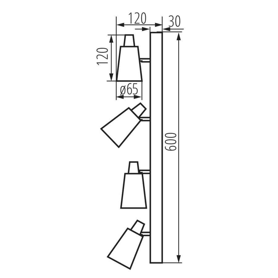 Schéma technique coté du spot avec dimensions de la barre et des projecteurs