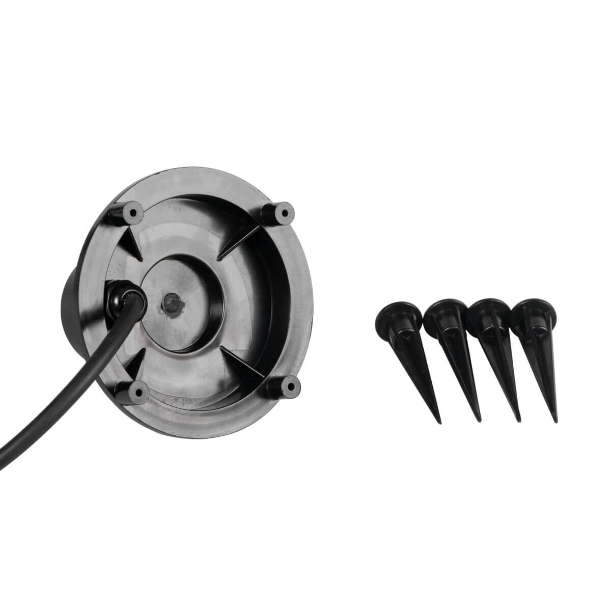 Dessous du support noir avec picots et quatre piquets de fixation au sol.