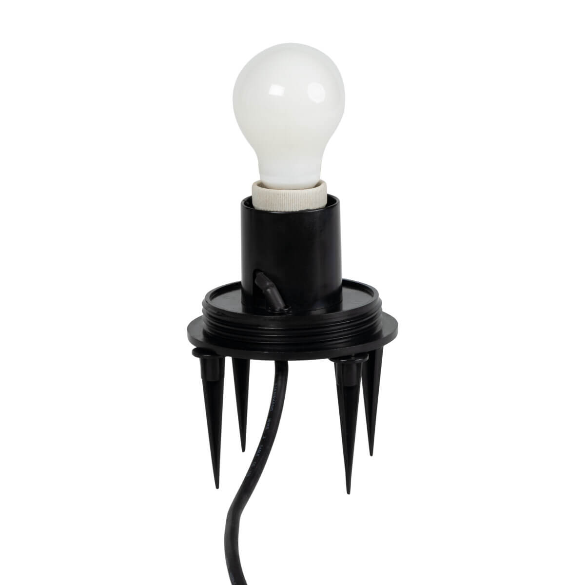 Ampoule blanche vissée sur douille noire et support à piquets