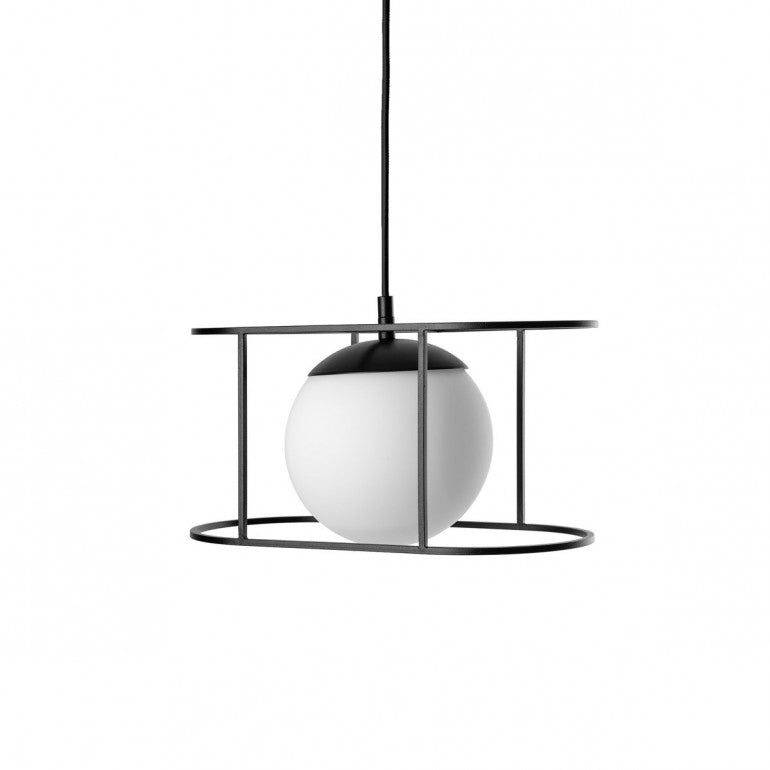Vue de trois quarts du luminaire sur fond blanc avec sa cage ovale