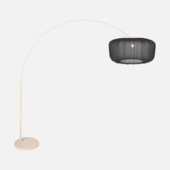 Modern arc floor lamp, black voile lampshade & cream base Ø 60 cm | Soléa