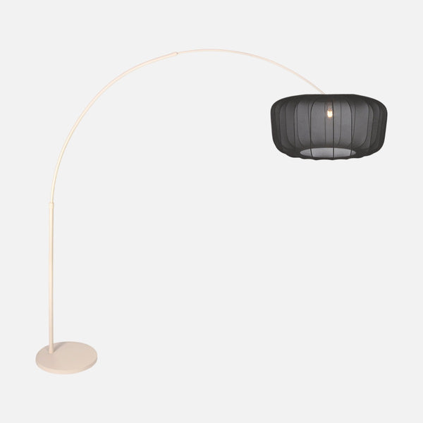 Modern arc floor lamp, black voile lampshade & cream base Ø 60 cm | Soléa