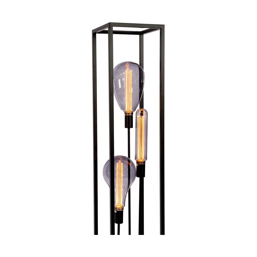 Produit de face sur fond blanc, structure rectangulaire noire et trois ampoules Edison allumées.