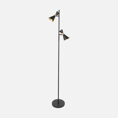 Black GU10 floor lamp with 2 adjustable spotlights, diabolo lampshades & brass | Preto