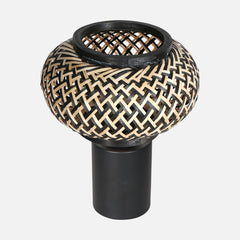 woven bamboo table lamp, sphere lampshade & black base | Bloeba