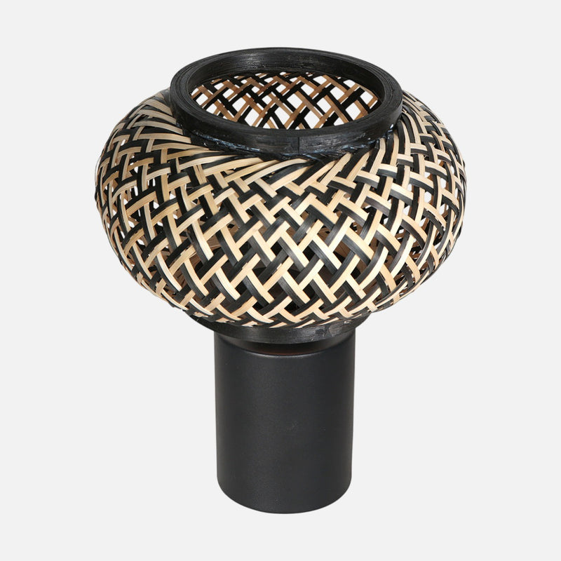 woven bamboo table lamp, sphere lampshade & black base | Bloeba