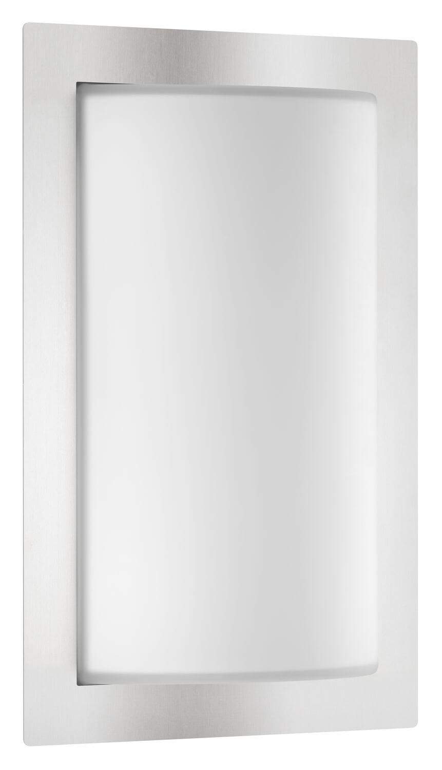 Face avant de l'applique murale, cadre inox et diffuseur opale blanc rectangulaire.
