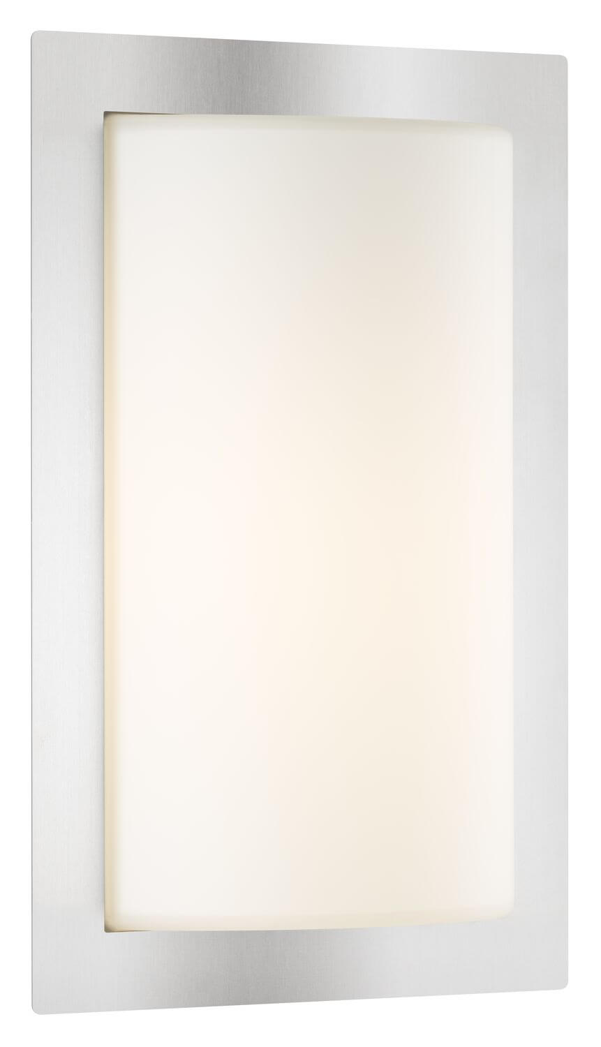 Applique murale allumée, diffuseur blanc éclairé et cadre en inox brossé.