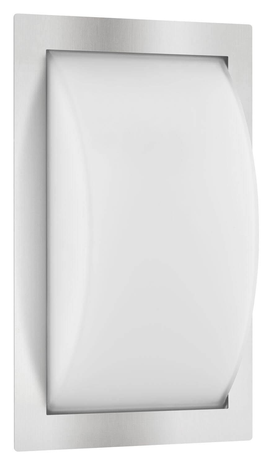 Détail du luminaire mural rectangulaire en inox brossé avec diffuseur blanc bombé.