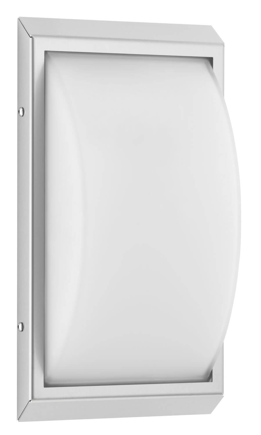 Face avant montrant le cadre inox et le diffuseur blanc légèrement incurvé.