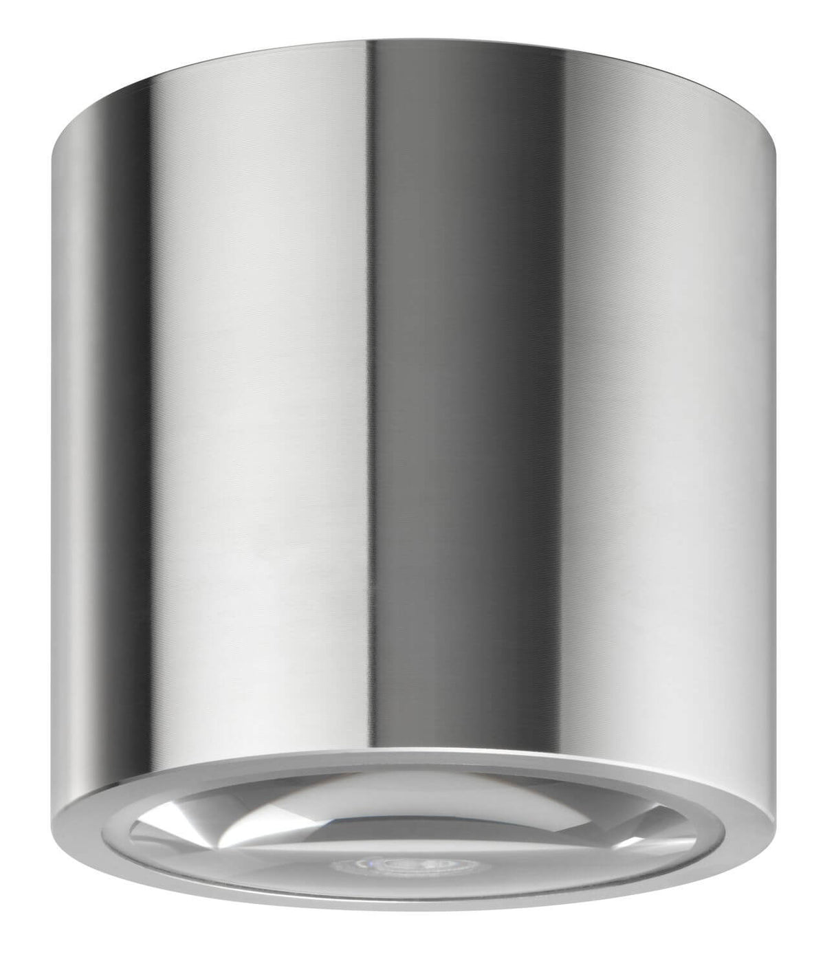 Vue du plafonnier cylindrique en acier inoxydable éteint, sur fond blanc