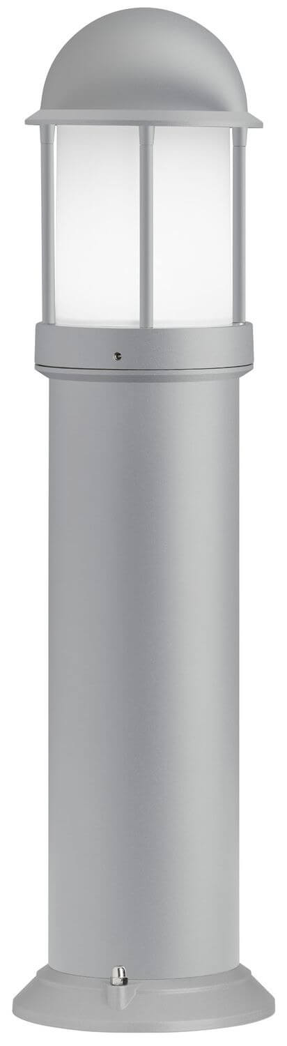 Borne grise clair de face, corps cylindrique et tête à dôme, éclairage éteint.
