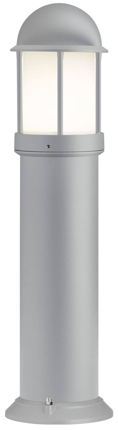 Borne extérieure grise allumée, diffuseur blanc lumineux sous la grille et le dôme.