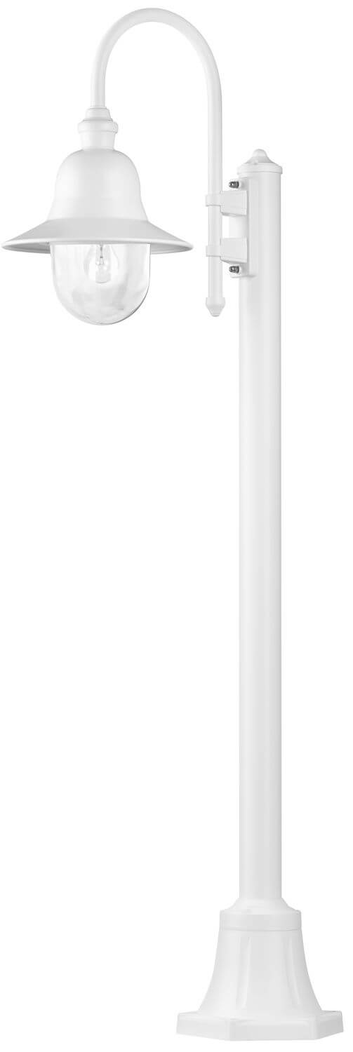 Détail du haut du luminaire montrant la lanterne, le bras recourbé et le support blanc.