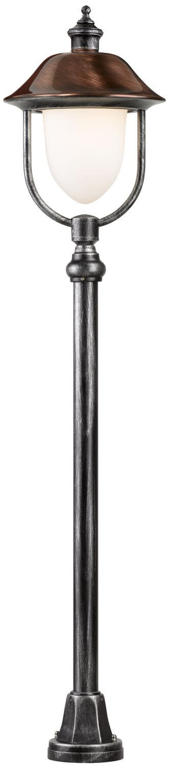 Vue du fût cylindrique et de la base évasée de ce lampadaire extérieur.