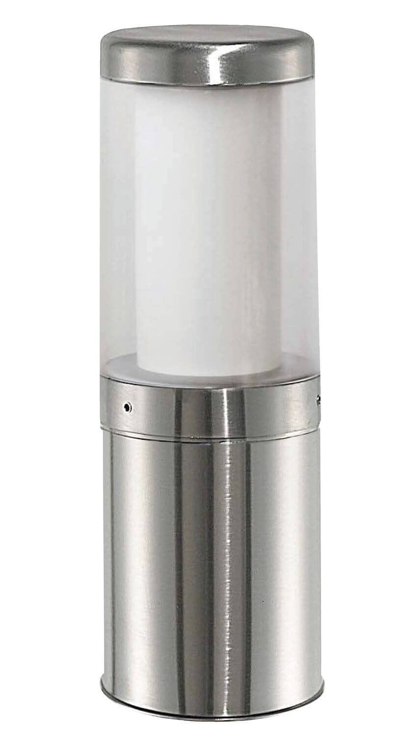 Vue rapprochée du corps inox et du cylindre diffuseur blanc de la borne