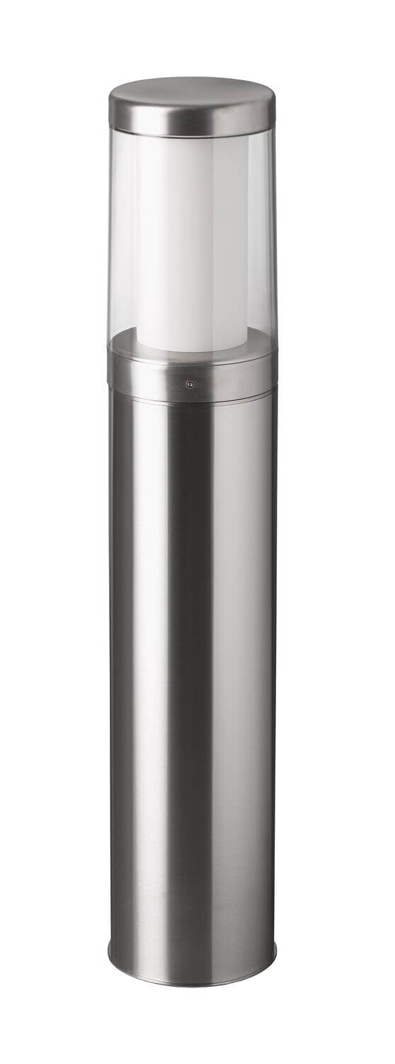 Autre vue du luminaire cylindrique en inox avec diffuseur opale et capot supérieur.