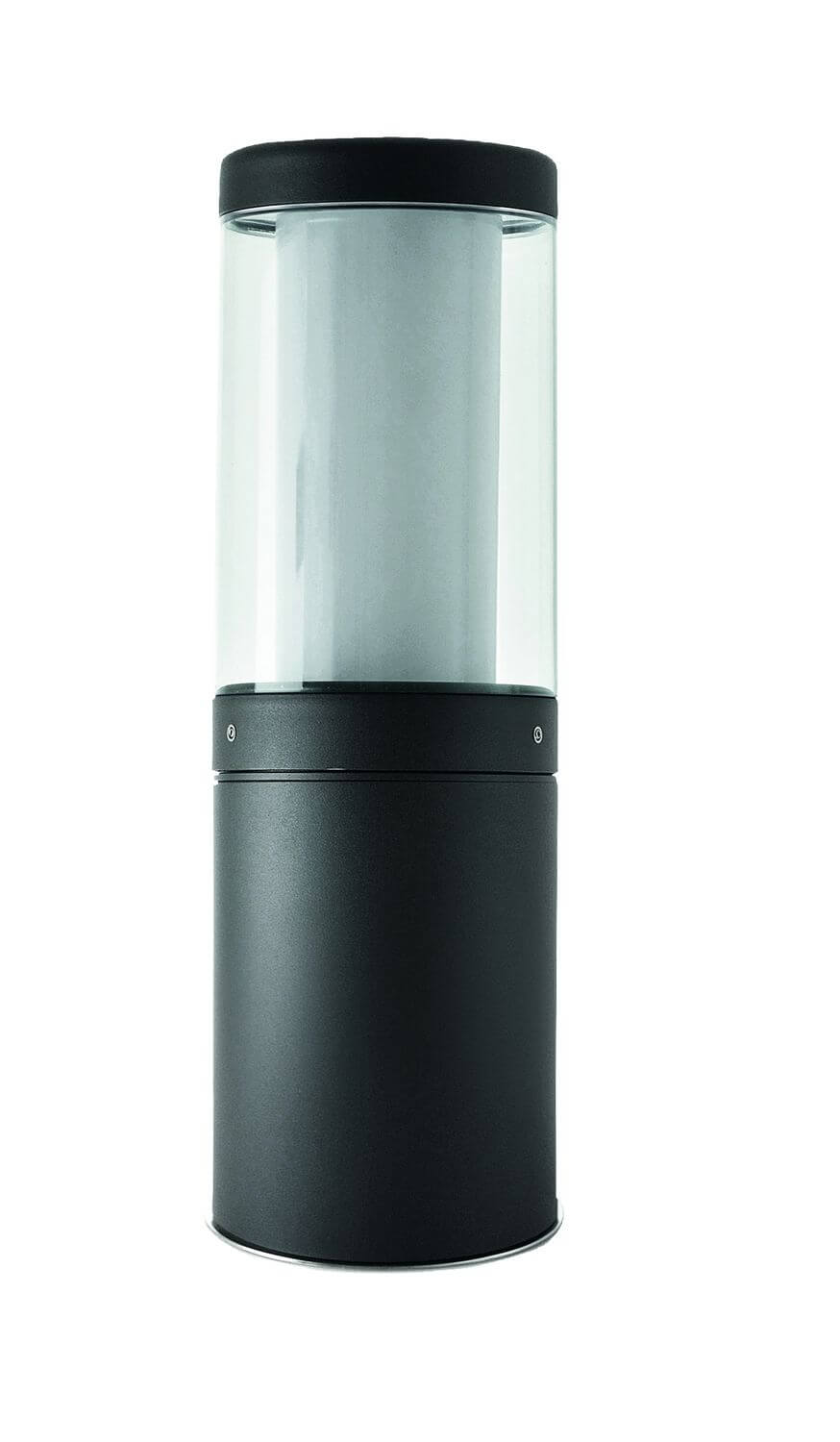 Détail de la borne extérieure cylindrique, base anthracite et verre clair, vue rapprochée sur fond blanc.