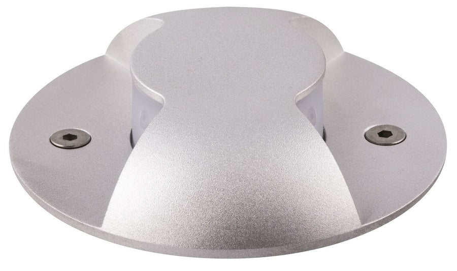 Vue de dessus du luminaire gris clair avec platine et vis apparentes.