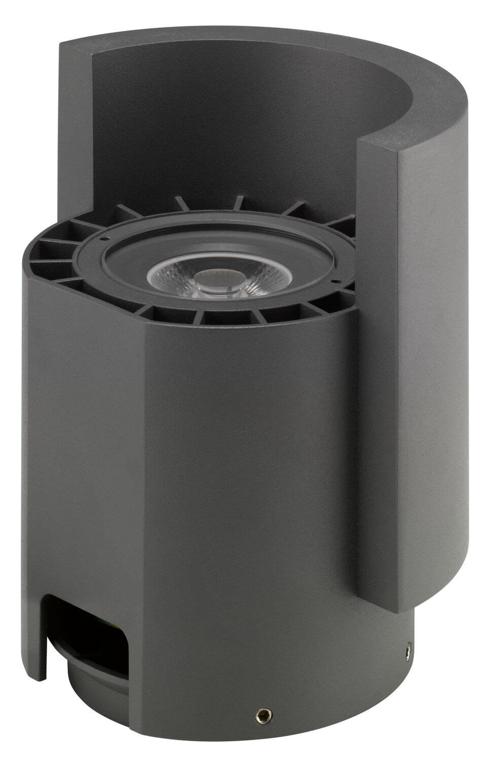 Vue de face du luminaire mural anthracite, capot cylindrique ouvert vers le haut