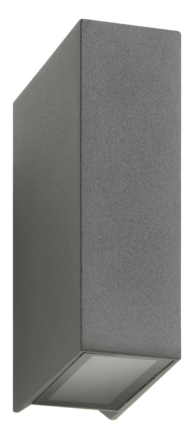 Autre angle de l'applique extérieure anthracite, boîtier rectangulaire et diffuseur orienté vers le bas.