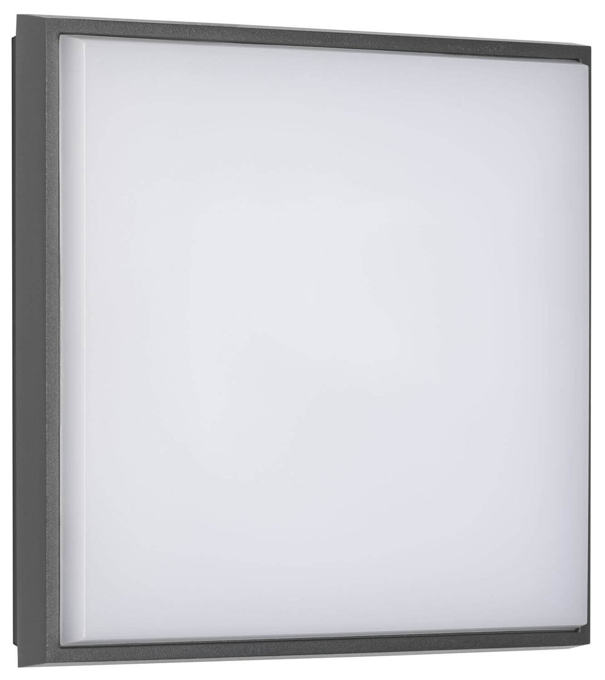 Face avant du luminaire carré, fine bordure anthracite autour du diffuseur laiteux
