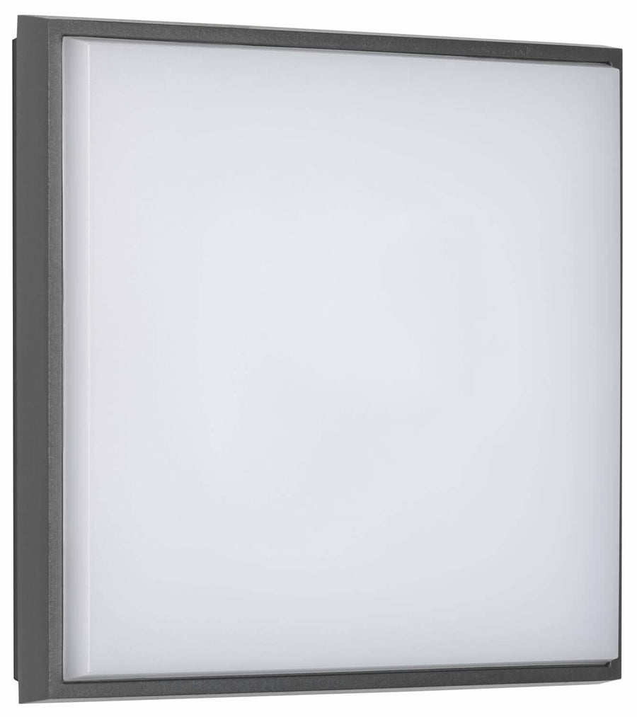 Face avant du luminaire carré, bordure graphite fine et large verre blanc satiné