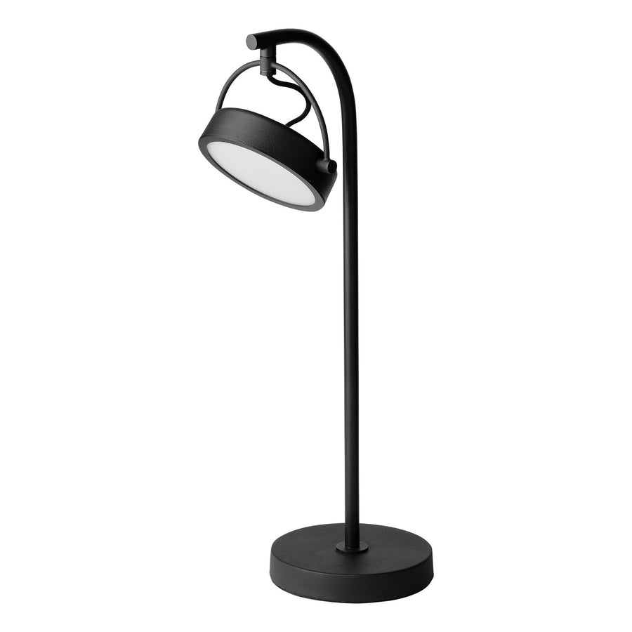 Lampe à poser noire vue trois quarts, abat-jour rond et bras courbe.