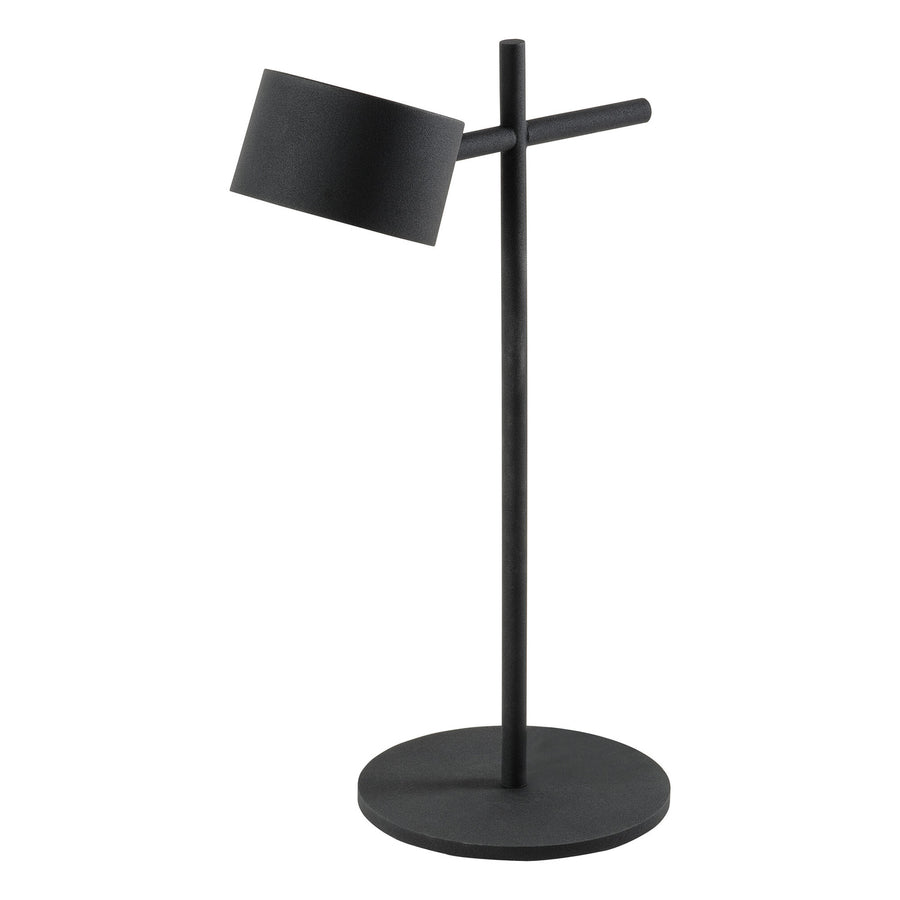 Lampe noire de face sur fond blanc, abat-jour cylindrique et pied fin.