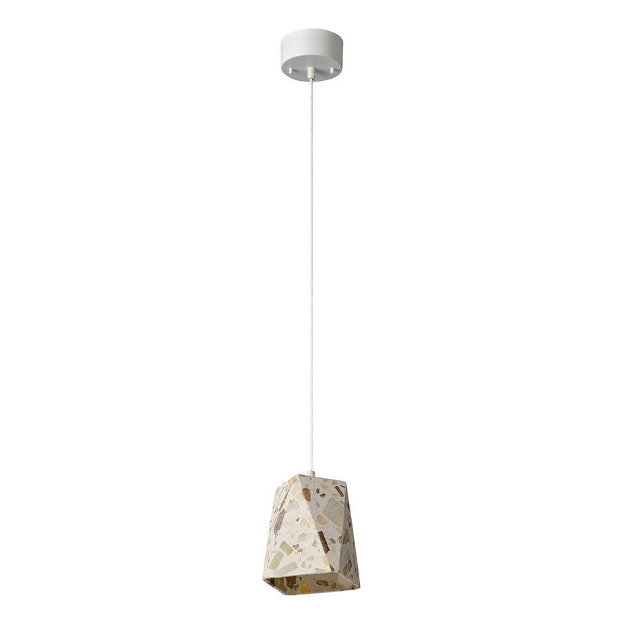 Vue produit sur fond blanc, suspension complète avec rosace et abat-jour terrazzo