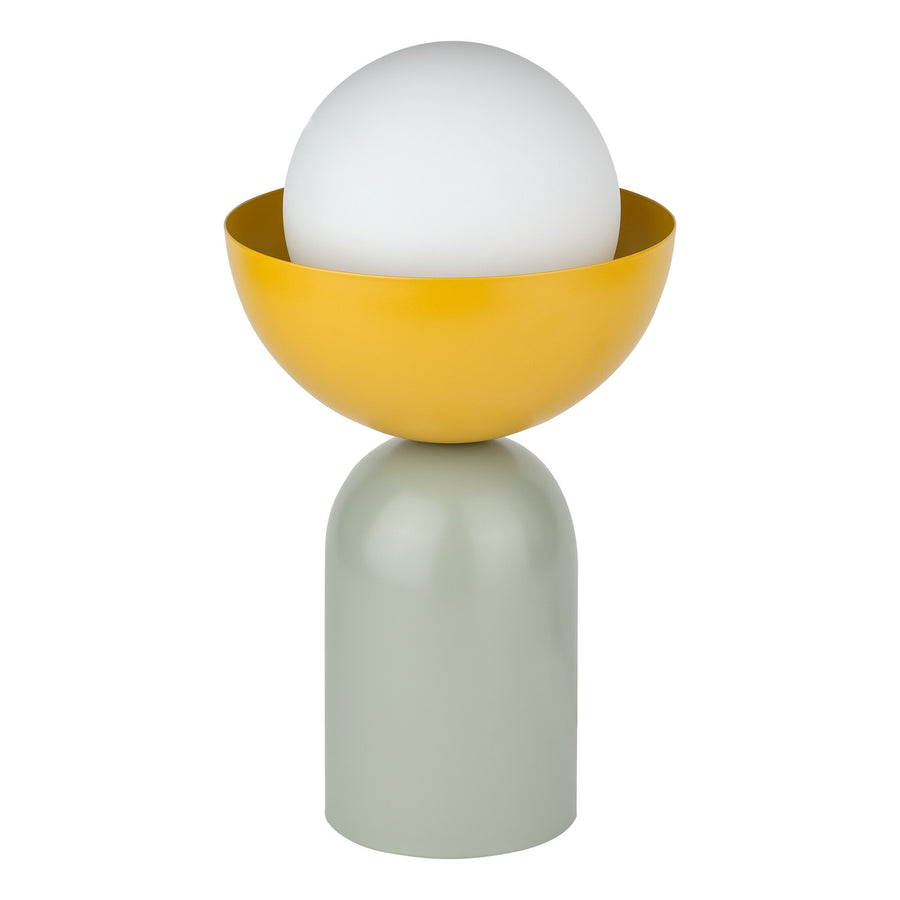 Lampe à poser de face sur fond blanc, sphère blanche dans bol jaune et base verte.