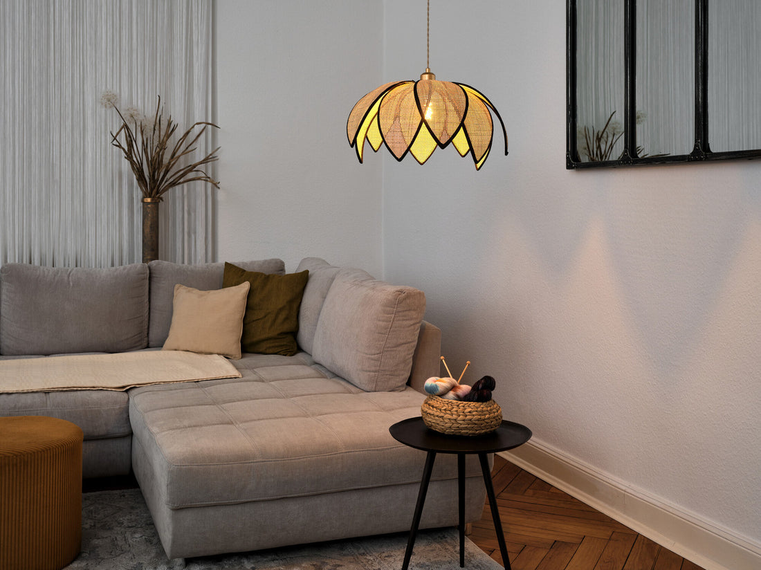 Suspension Rattan Lotus marron et beige, H 134 cm