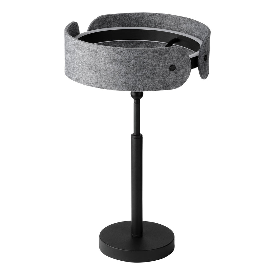 Lampe à poser de face, abat-jour cylindrique en feutre anthracite et pied métal noir